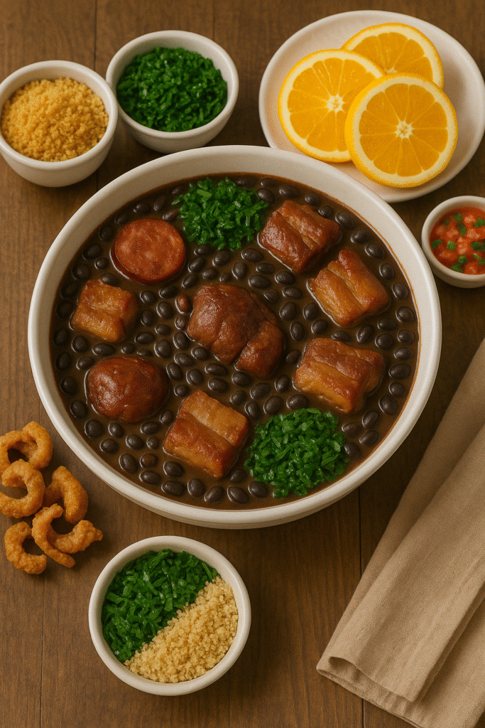 Traditional Brazilian feijoada served with greens, oranges, farofa, and torresmo